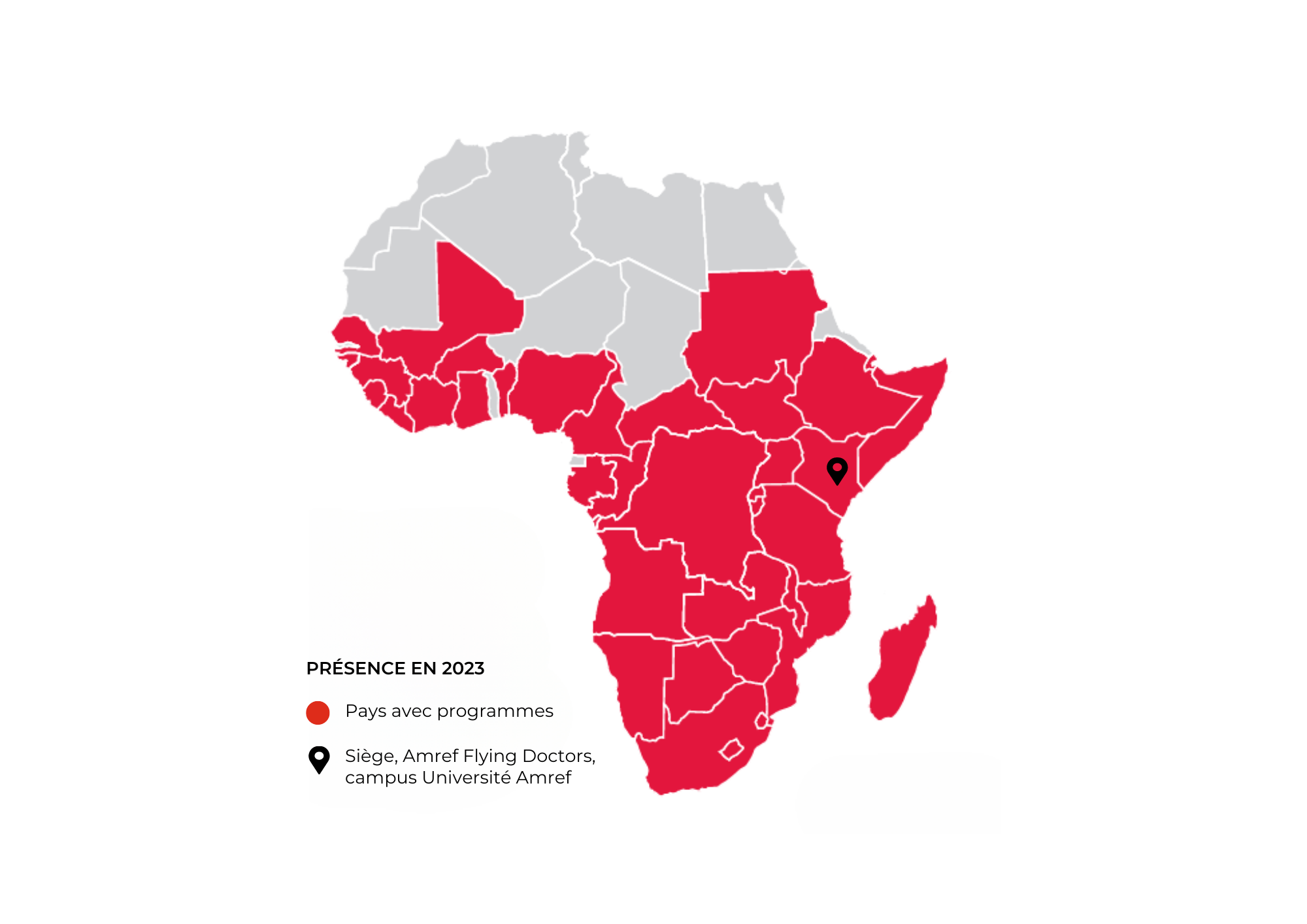 Carte de l'Afrique indiquant la présence des programmes d'Amref